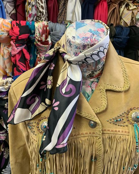 Roy Rogers or show scarf - black, cream, tan, and purple floral print