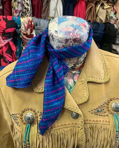 Roy Rogers or show scarf - Bright blue with aqua and pink lines with jacquard squares print