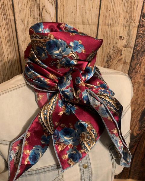 42x42 beautiful wine color wild rag with blue, cream, and tans roses and paisley print