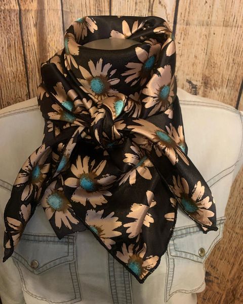 42x42 black with tan and teal daisy print wild rag