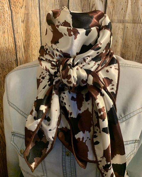 42x42 brown, white, and tan cow print wild rag