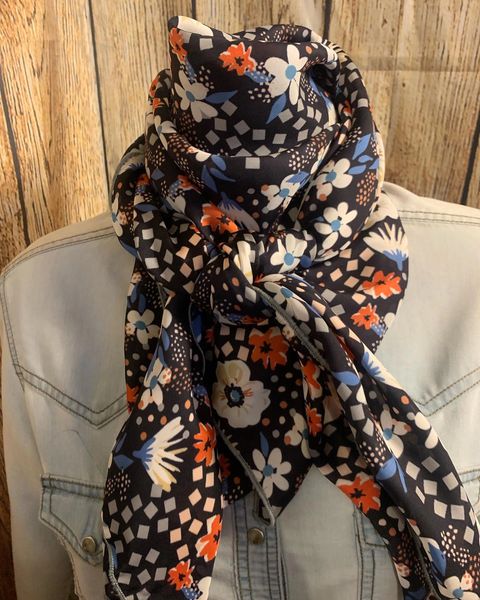 42x42 silk navy, gray, orange, white and blue flower and square print wild rag