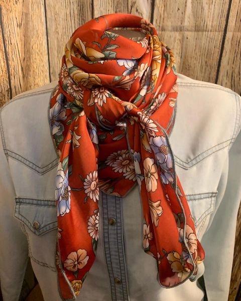 42x42 muted red with gold, greens, blues, white, and peach floral print wild rag