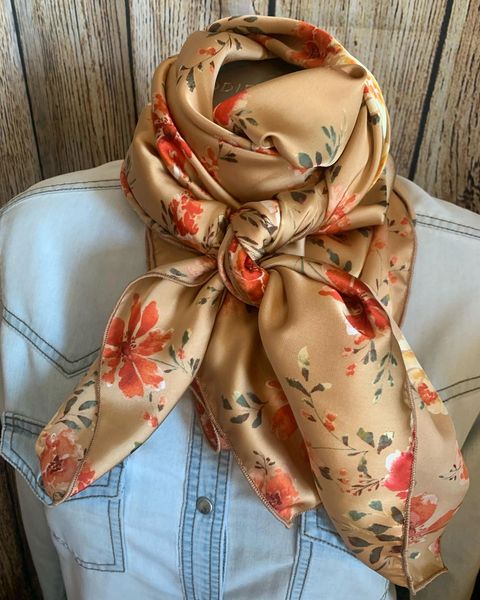 42x42 silk tan, cream, rust, and sage floral print wild rag