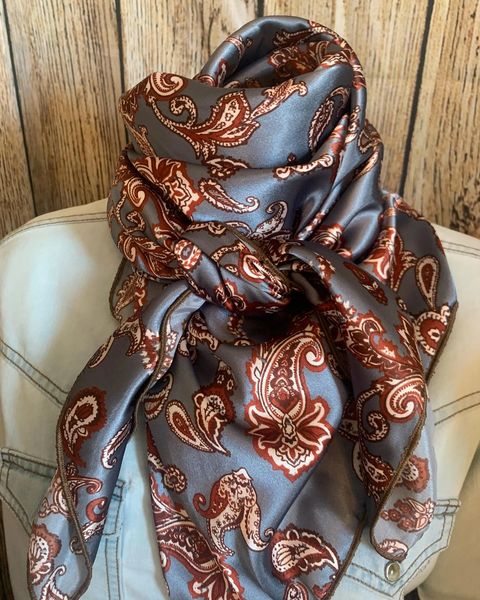 42x42 grey with cream and brown paisley print wild rag