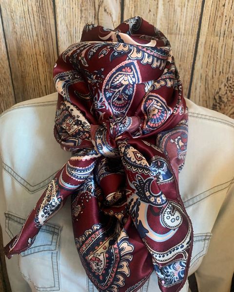 42x42 wine with white, blues, and pinks paisley print wild rag