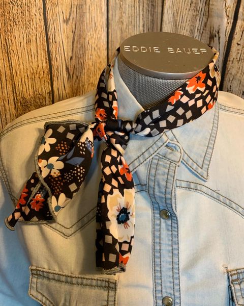 Roy Rogers or show scarf - navy with peach, white, and blue flowers and square print