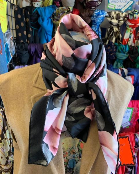 42x42 silk black with gray and pinks large floral print