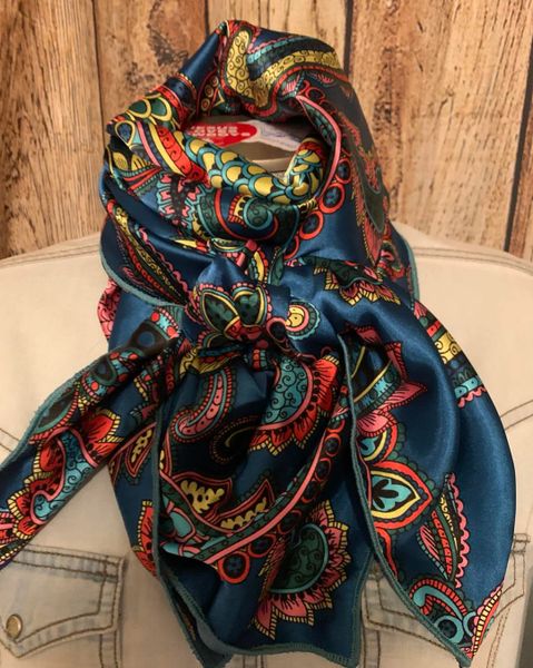 42x42 teal/green with pink, yellow, blue and coral paisley print wild rag