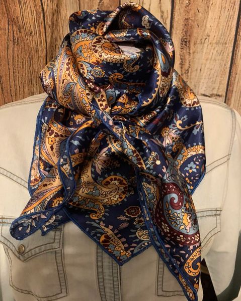 42x42 blue, gold, yellow, white, and rust Paisley print wild rag