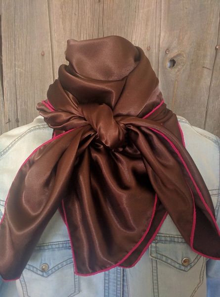 42x42 satin charmeuse wild rag - chocolate brown with pink edge