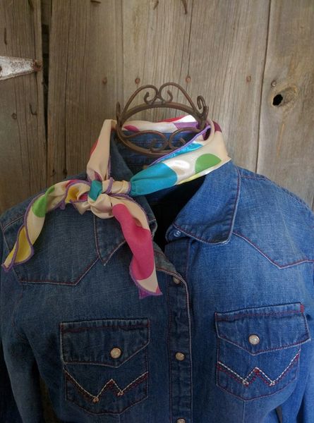 Roy Rogers or show scarf - off white, with pink, blue, yellow, green, and purple dots print