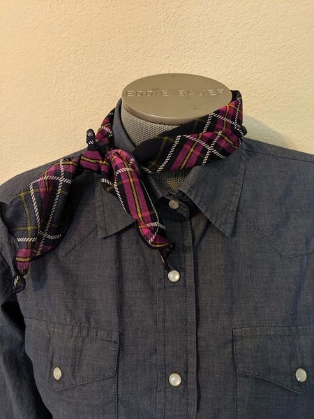 purple, navy, gold and white plaid print