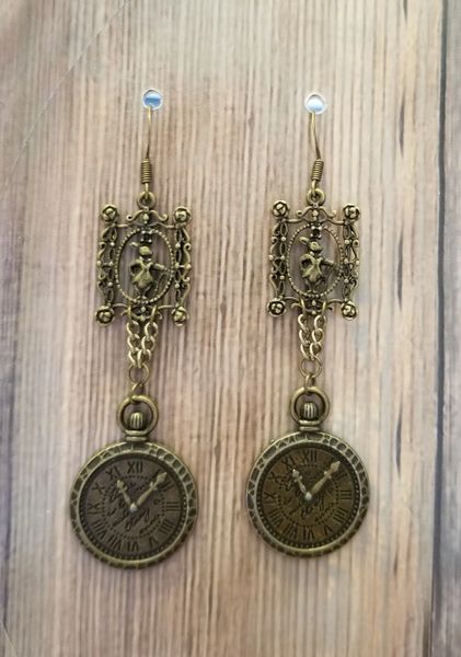 Gold White Rabbit & Clock Dangle Earrings Steampunk