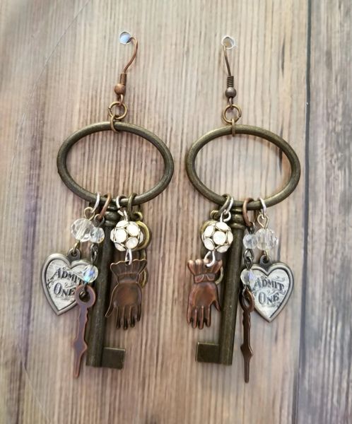 Large Key & Charms Steampunk Earrings Mixed Metals