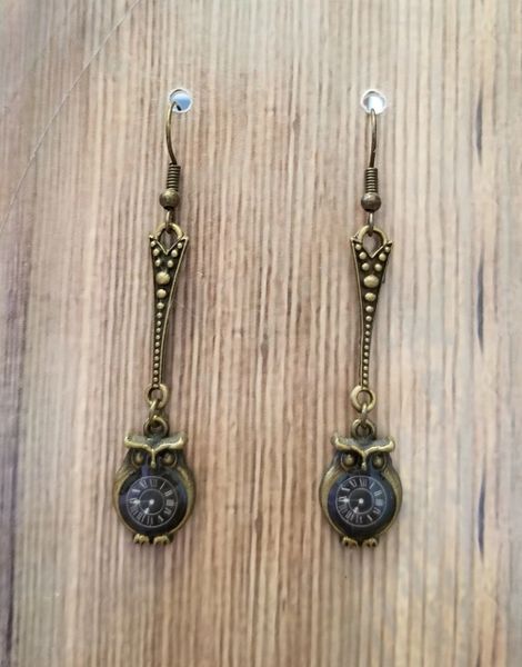 Delicate Antique Gold Owl Clock Earrings Steampunk