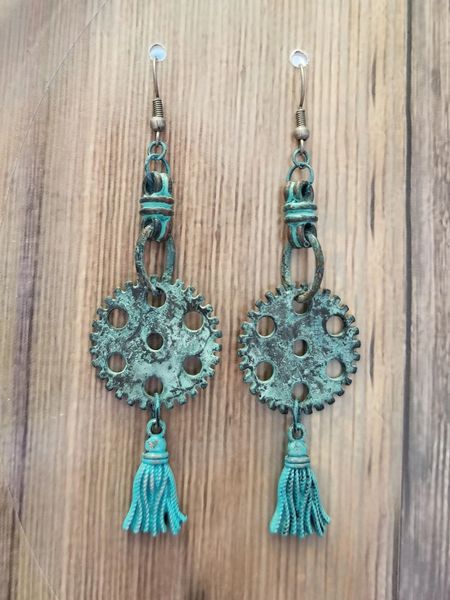 Gear & Tassel Green Patina Steampunk Earrings