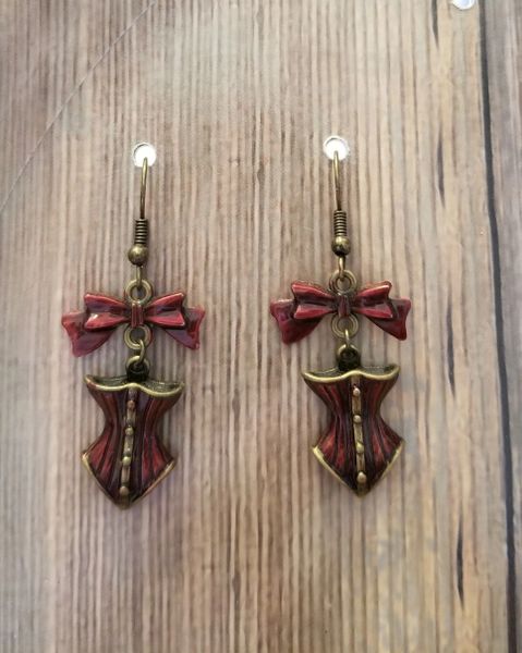 Handpainted Corset Earrings with Bow Accents Steampunk