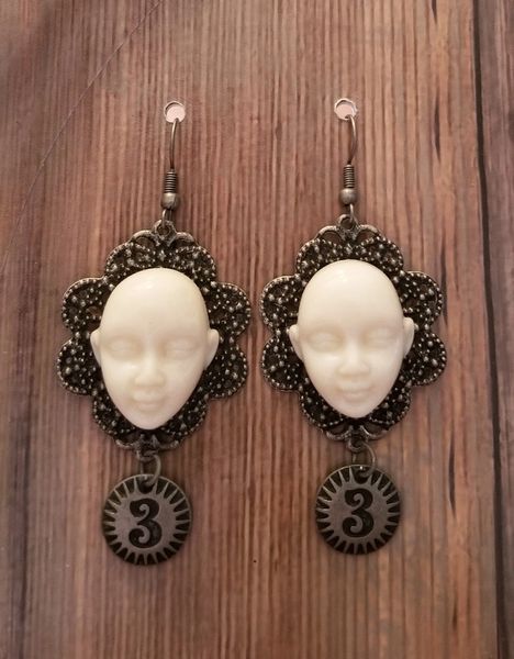 Creepy White Face & Number Tag Earrings Steampunk
