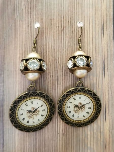 Ornate Clockface Earrings with Faux Pearl & Rhinestone Accents Steampunk