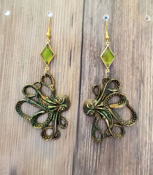 Large Hand-Colored Octopus & Green Crystals Earrings