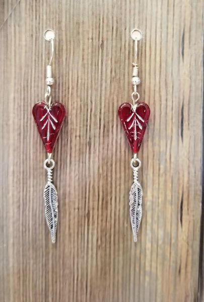 Red Czech Glass Hearts with Silver Feathers Boho Earrings