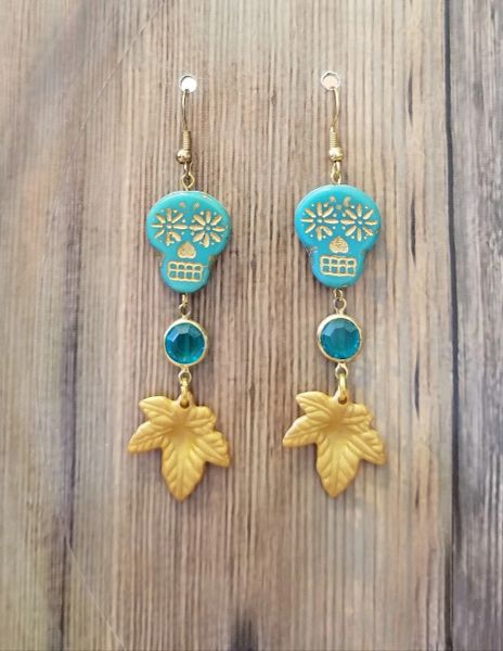 Aqua & Gold Czech Glass Skull & Leaf Dangle Boho Earrings