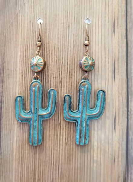 Blue Patina & Copper Boho Southwestern Cactus Earrings