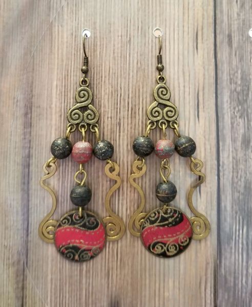 Red, Black & Gold Salvaged Dangles Boho Tribal Earrings