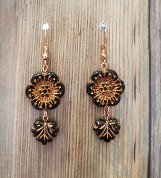 Black & Copper Czech Glass Flower & Leaf Boho Earrings