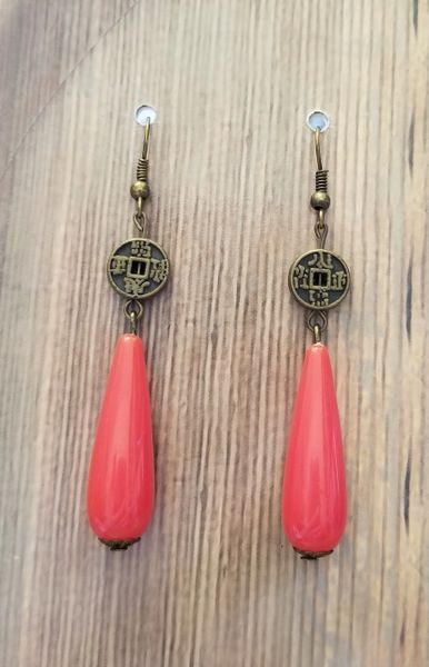 Asian Coin Earrings with Red Teardrops