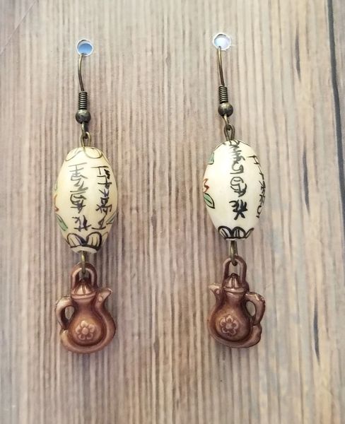Asian Teapot Earrings with Ceramic Beads
