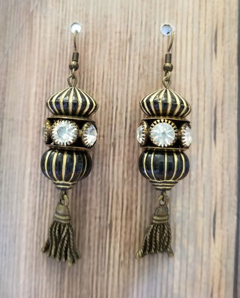 Black & Gold Asian Earrings with Rhinestones & Tassels