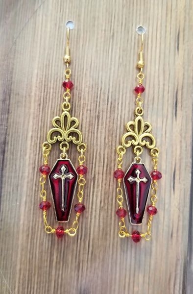 Stunning Red Enamel Coffin Earrings with Gold Rosary Chain Accents