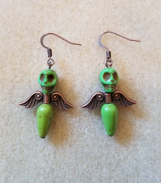Cute Green & Copper Skull Angel Earrings