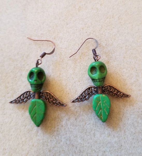 Green Skull Angel Earrings