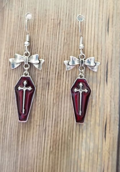 Red Enamel Coffin Charms with Silver Bow Connectors