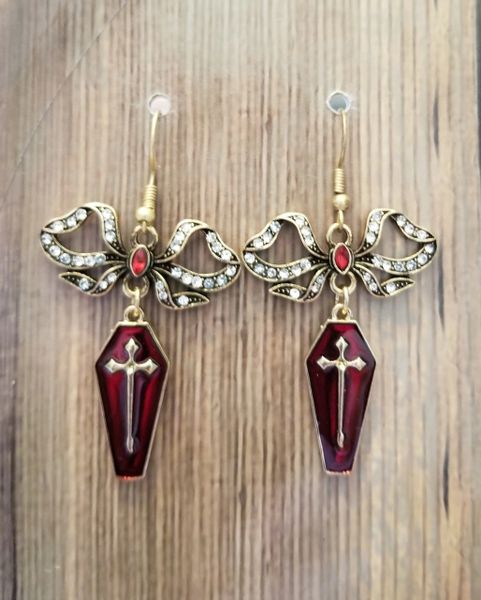 Red Enamel Coffins with Gold & Rhinestone Victorian Bows