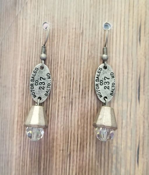 Steampunk Car Tag Earrings With Salvaged Dangles