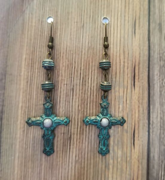 Gold Crosses with Aqua Patina Dangle Earrings