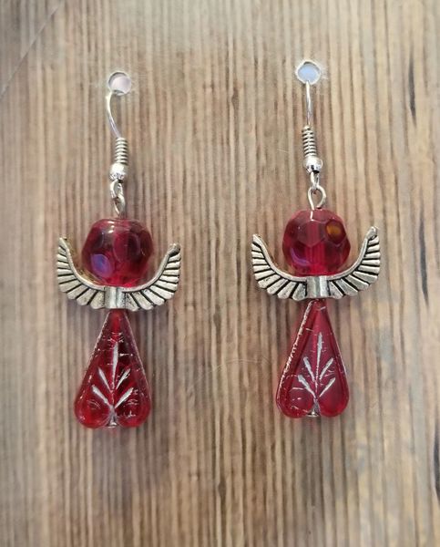 Red Czech Glass Angel Heart Earrings with Silver Accents
