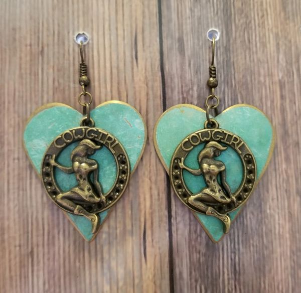 Gold Cowgirl Charms on Salvaged Green Patina Hearts