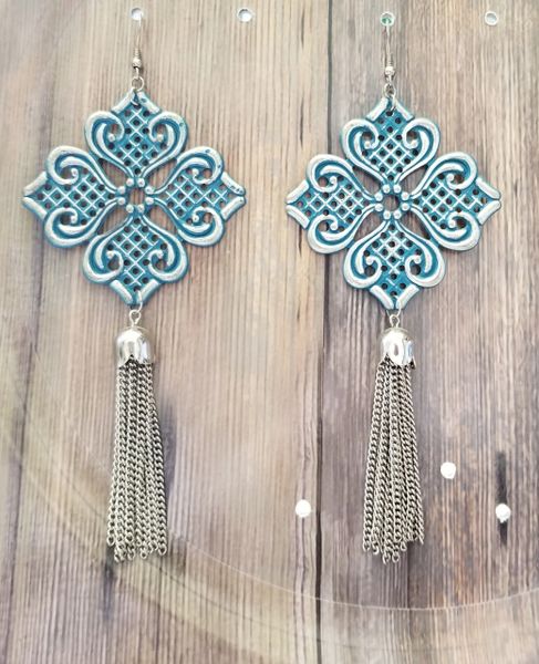 Big Silver Filigree Earrings with Blue-Green Patina & Tassels