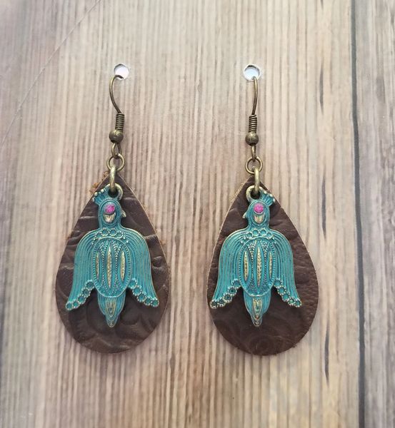 Green Patina Southwestern Bird With Brown Faux Leather Drops
