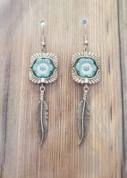 Light Blue Czech Glass Flowers in Silver Tone Frames & Feather Dangle