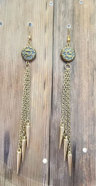 Super Long Dangle Earrings with Blue Patina Bead & Gold Tone Spikes
