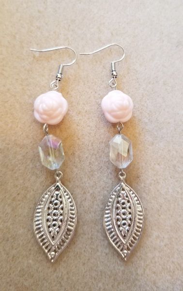 Romantic Silver Tone Leafs With Pink Roses & Clear Crystal Beads