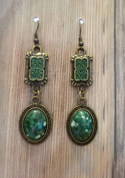 Green Victorian Style Earrings with Hand Painted Connectors