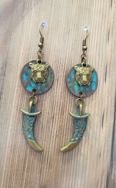 Golden Tiger Earrings with Blue Patina Claws