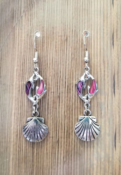 Cute Pink Dolphin Earrings with Shell Dangles